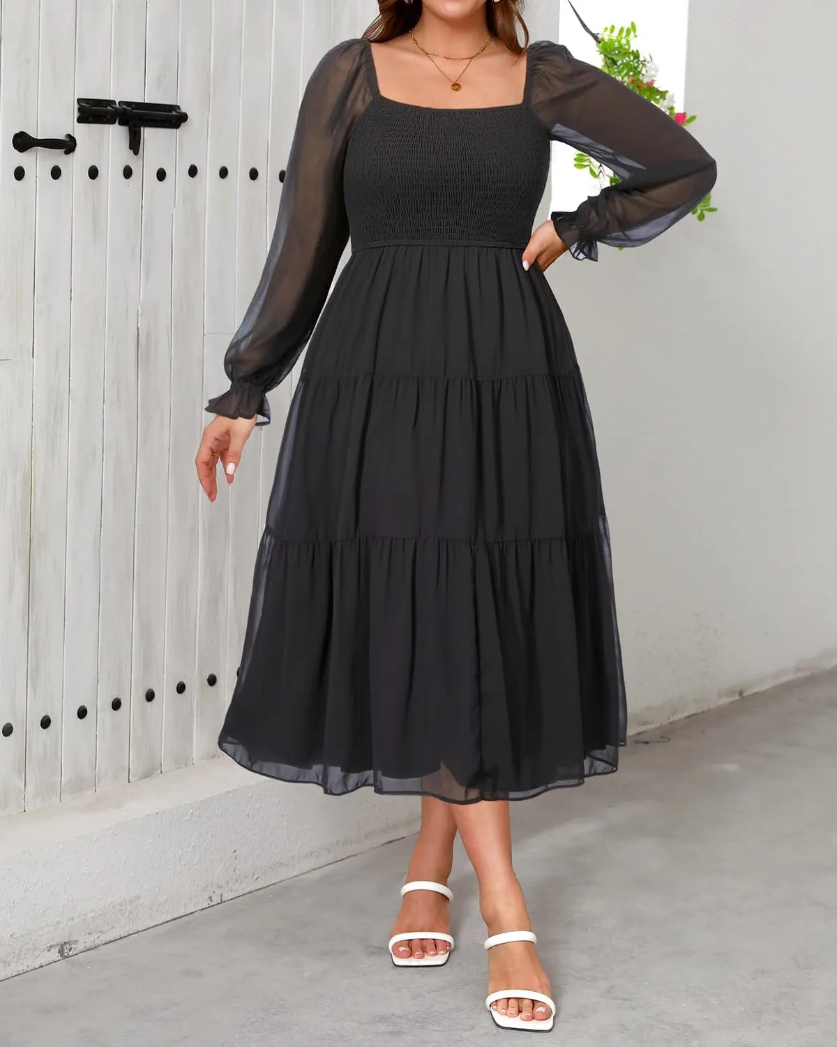 Plus Size Summer Dress - Bridal Shower Graduation Wedding Guest Gold Dots Smocked Midi Dresses