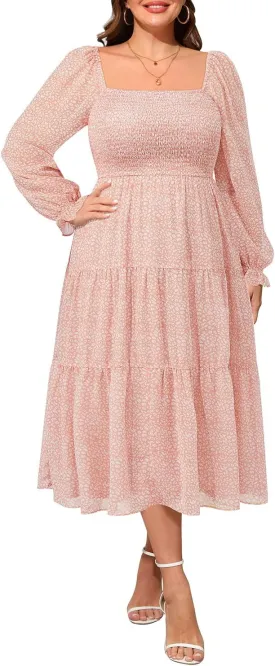 Plus Size Summer Dress - Bridal Shower Graduation Wedding Guest Gold Dots Smocked Midi Dresses