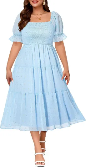Plus Size Summer Dress - Bridal Shower Graduation Wedding Guest Gold Dots Smocked Midi Dresses