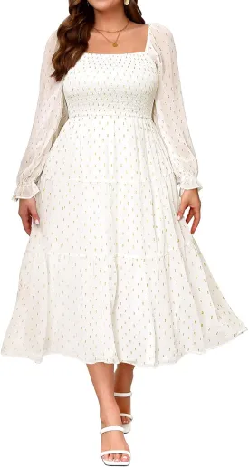 Plus Size Summer Dress - Bridal Shower Graduation Wedding Guest Gold Dots Smocked Midi Dresses