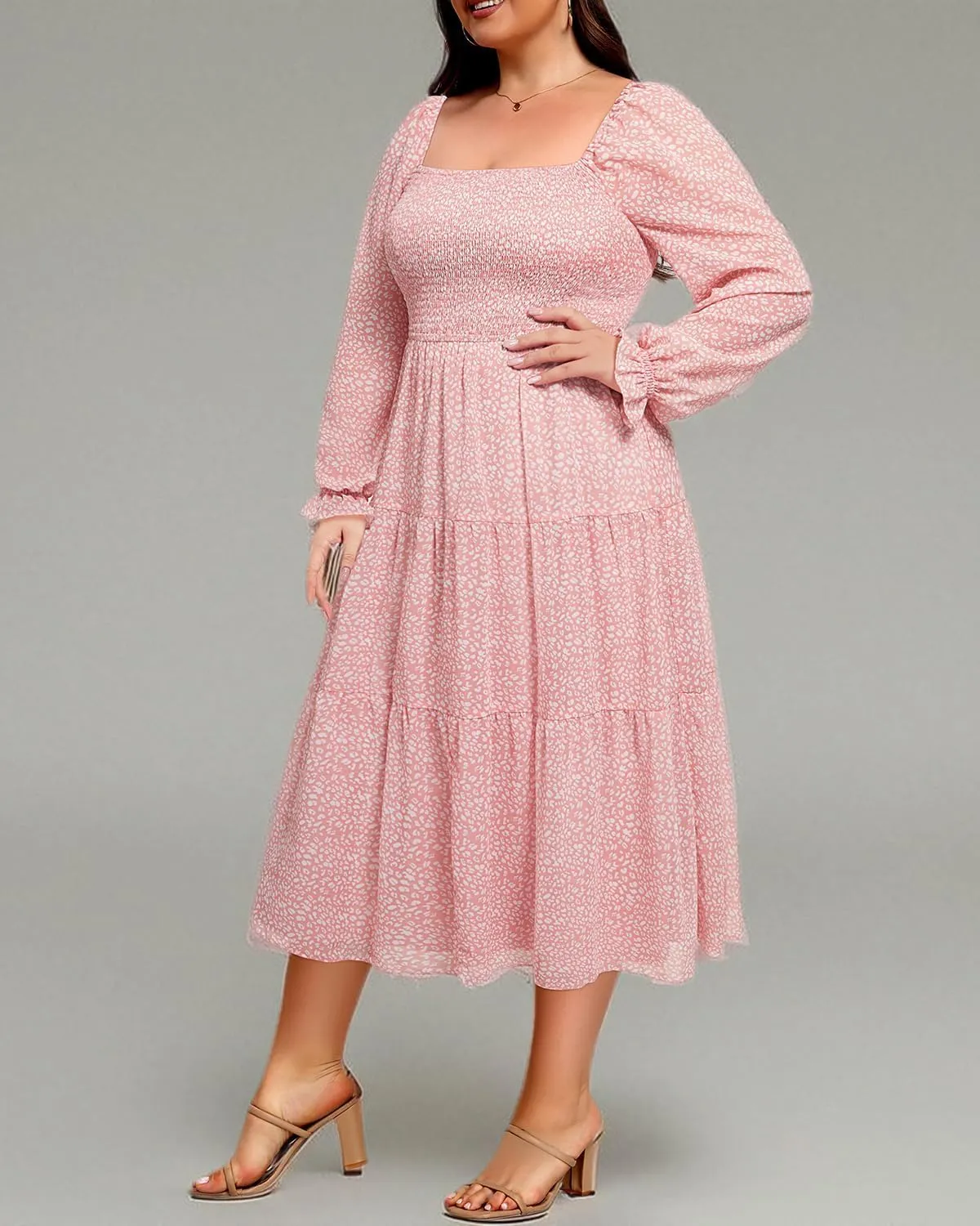 Plus Size Summer Dress - Bridal Shower Graduation Wedding Guest Gold Dots Smocked Midi Dresses