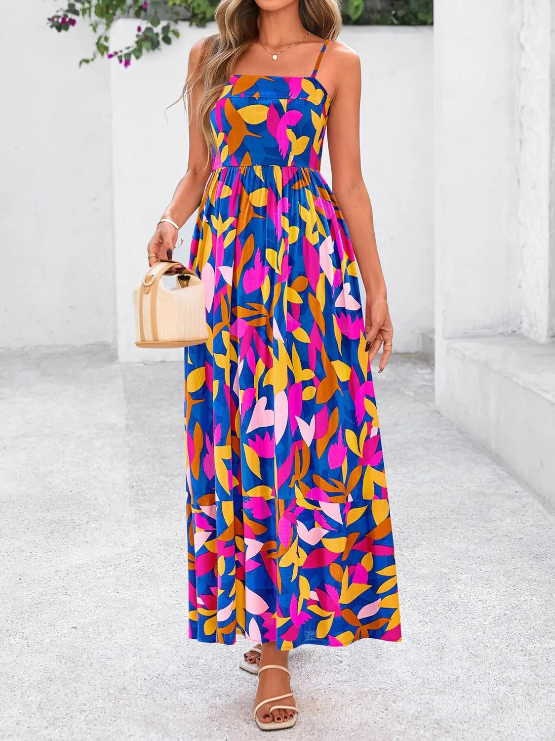 PRETTYGARDEN Summer Dresses for Women 2025 Beach Maxi Dress Spaghetti Strap Floral Boho A Line Wedding Guest Flowy Long Dress