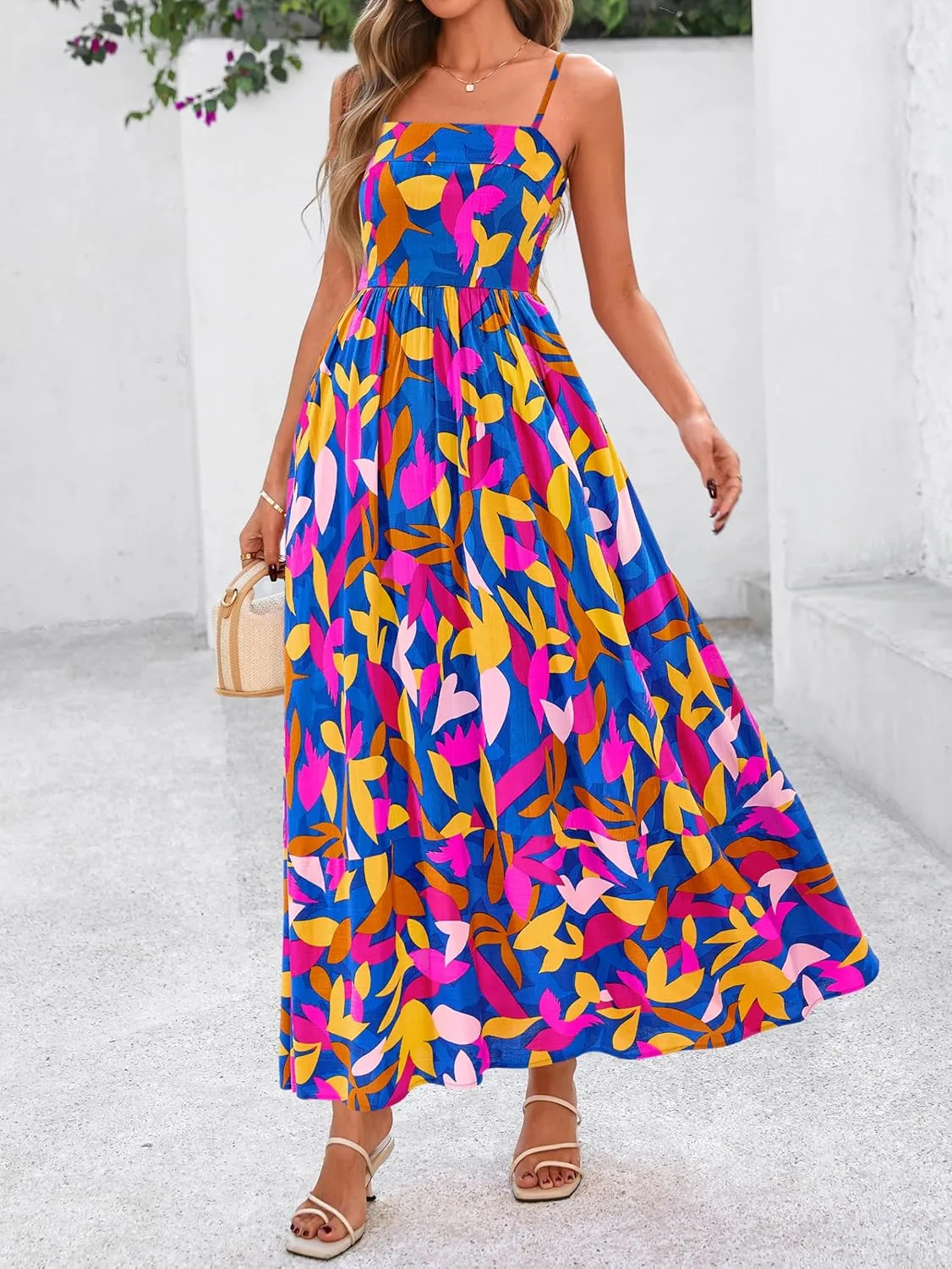 PRETTYGARDEN Summer Dresses for Women 2025 Beach Maxi Dress Spaghetti Strap Floral Boho A Line Wedding Guest Flowy Long Dress