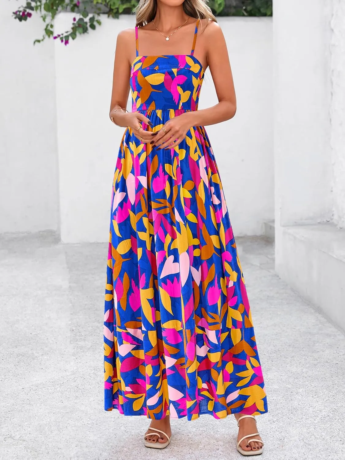 PRETTYGARDEN Summer Dresses for Women 2025 Beach Maxi Dress Spaghetti Strap Floral Boho A Line Wedding Guest Flowy Long Dress