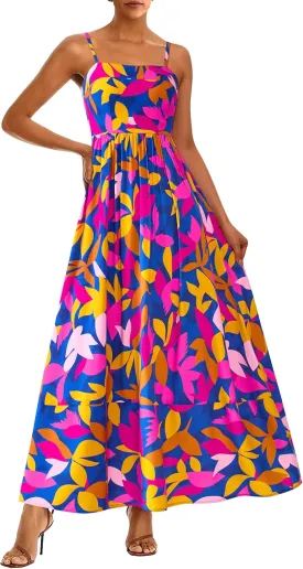 PRETTYGARDEN Summer Dresses for Women 2025 Beach Maxi Dress Spaghetti Strap Floral Boho A Line Wedding Guest Flowy Long Dress