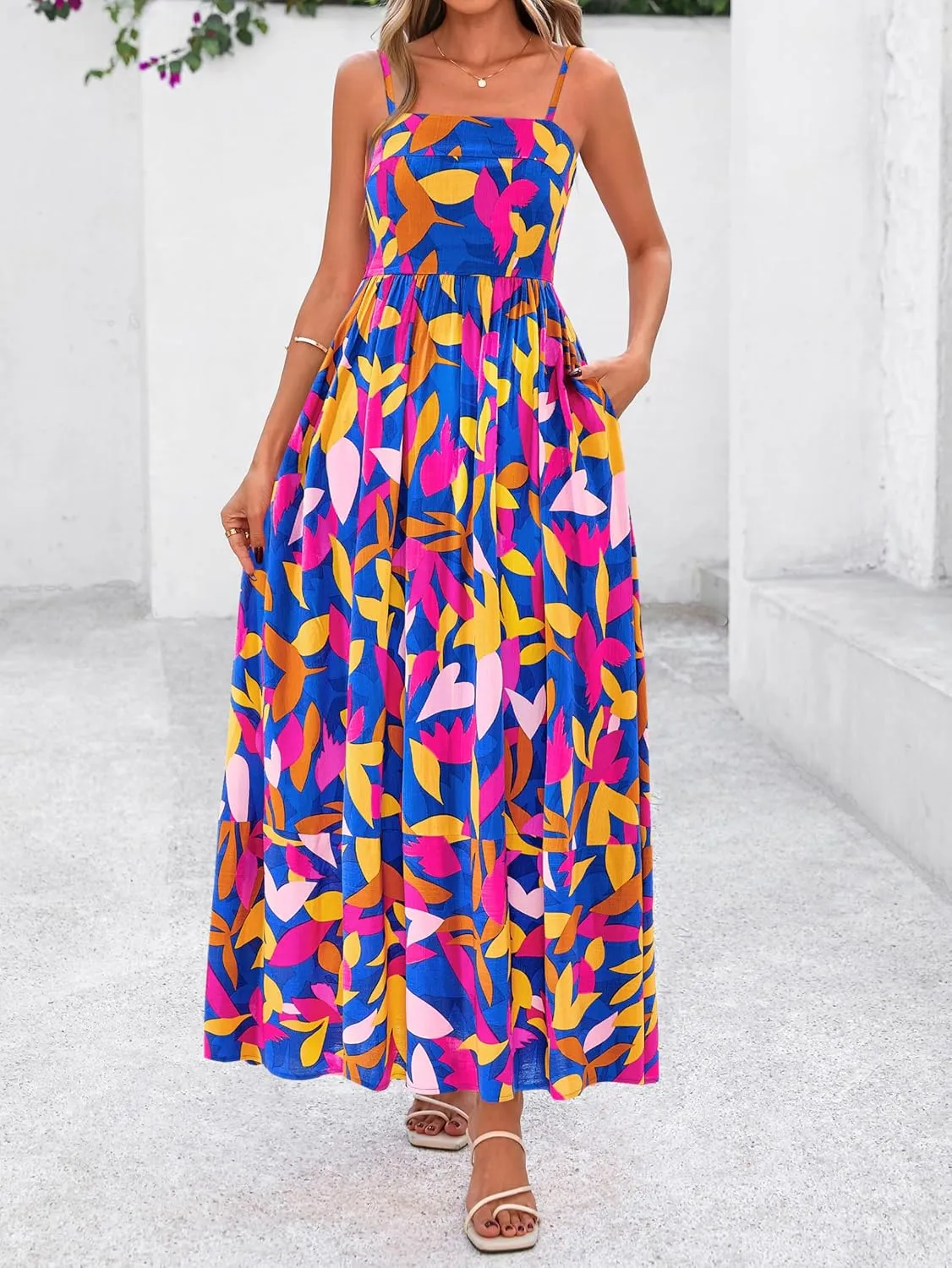 PRETTYGARDEN Summer Dresses for Women 2025 Beach Maxi Dress Spaghetti Strap Floral Boho A Line Wedding Guest Flowy Long Dress