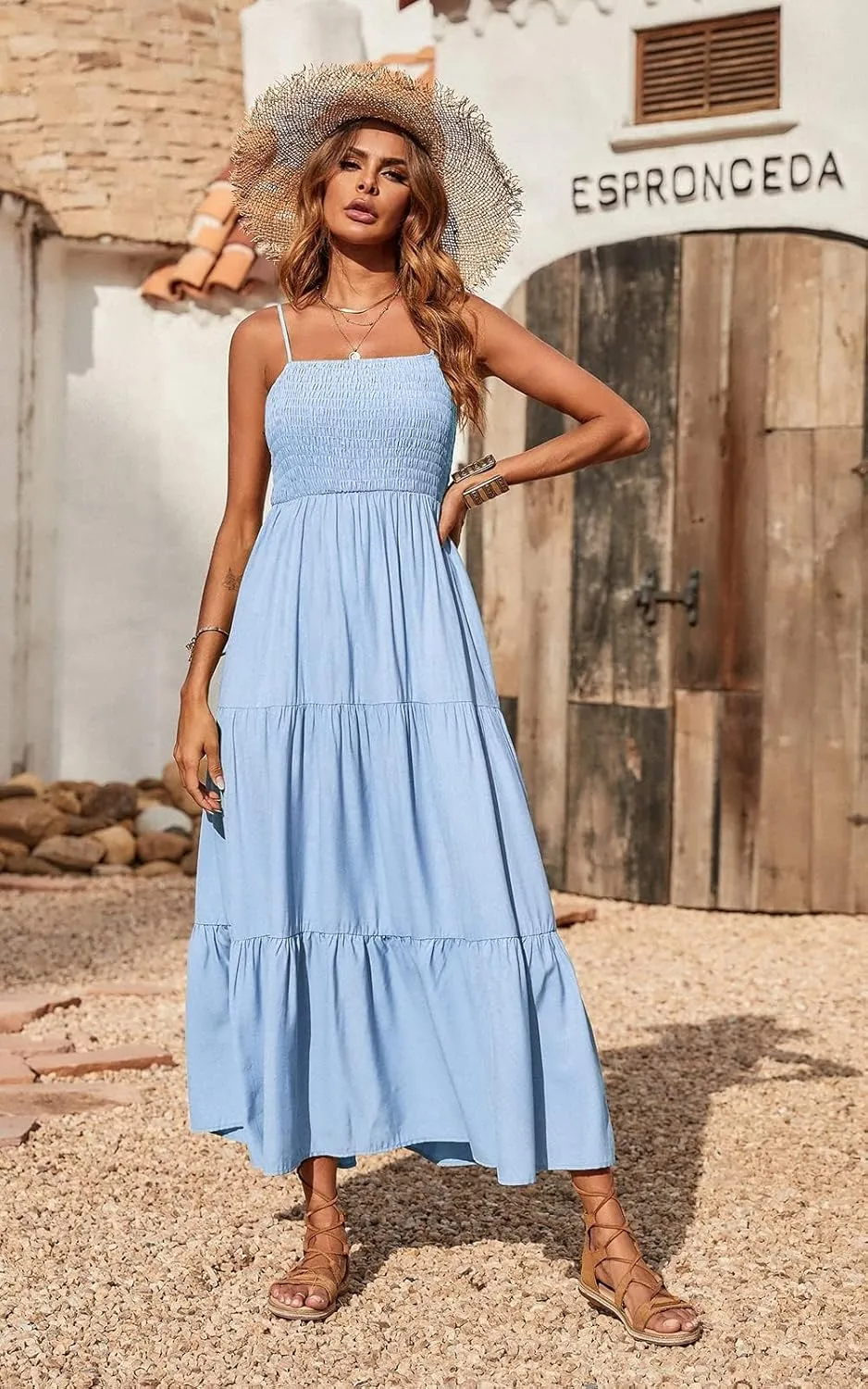 PRETTYGARDEN Women's Summer Maxi Dress 2025 Casual Boho Sleeveless Spaghetti Strap Smocked Tiered Long Beach Sundresses