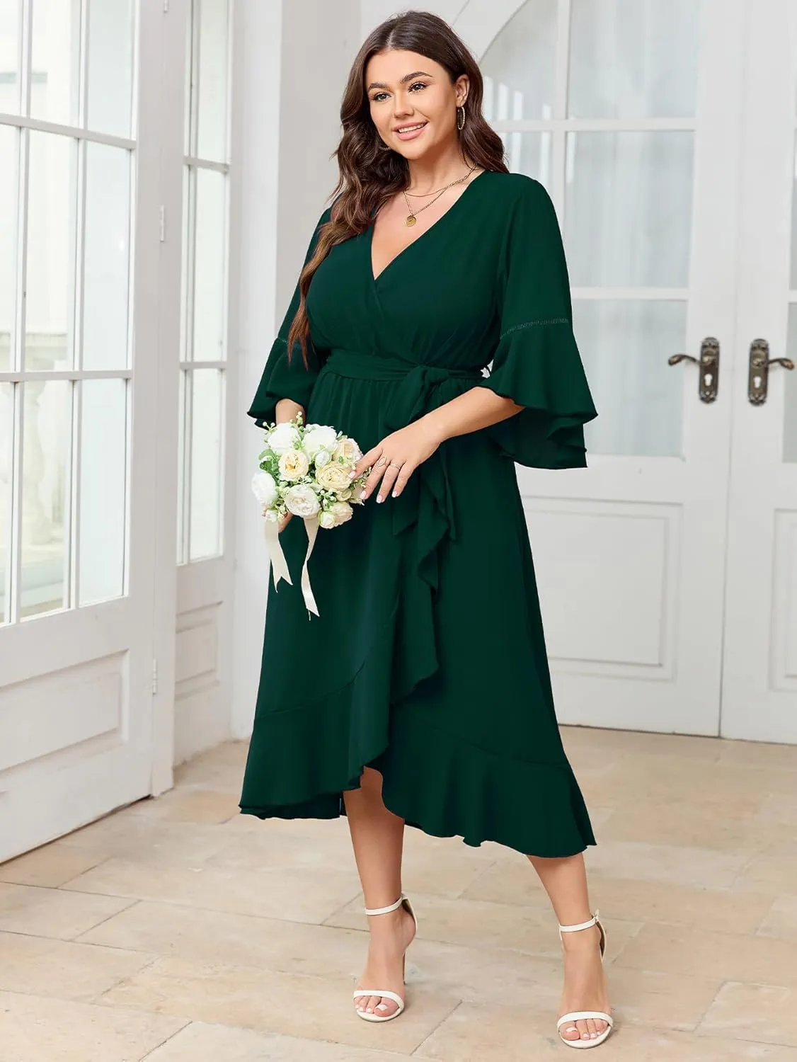 SCOMCHIC Womens Plus Size Wedding Guest Dress Fall 3/4 Sleeve Wrap V Neck High Low Ruffle Hem Maxi Cocktail Formal Dresses