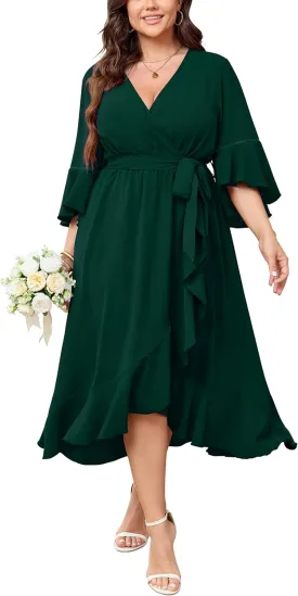 SCOMCHIC Womens Plus Size Wedding Guest Dress Fall 3/4 Sleeve Wrap V Neck High Low Ruffle Hem Maxi Cocktail Formal Dresses