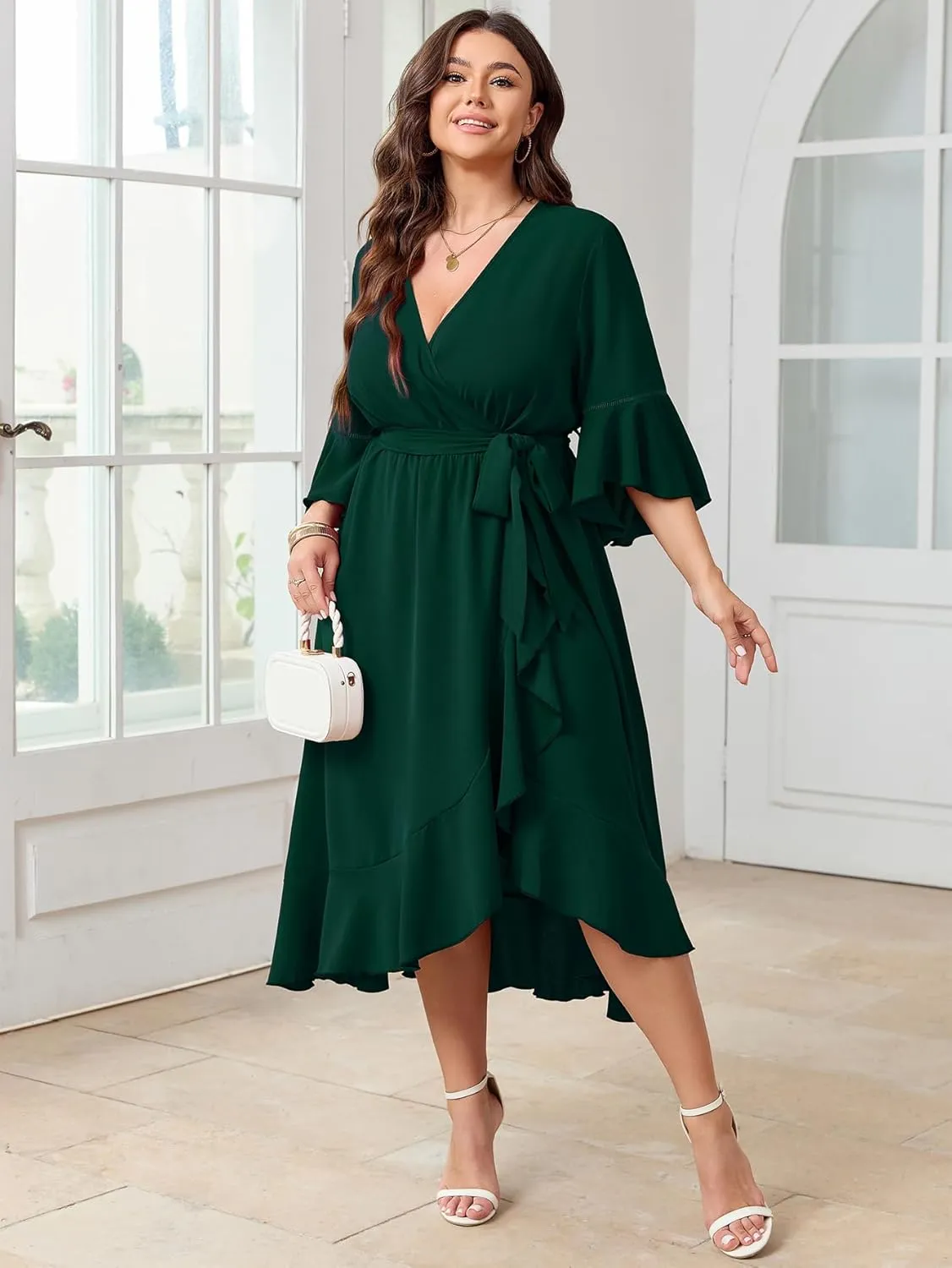 SCOMCHIC Womens Plus Size Wedding Guest Dress Fall 3/4 Sleeve Wrap V Neck High Low Ruffle Hem Maxi Cocktail Formal Dresses
