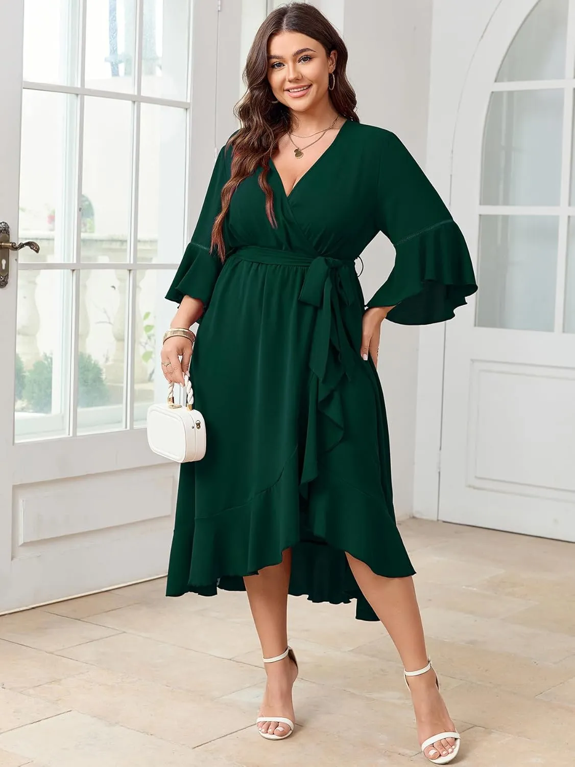 SCOMCHIC Womens Plus Size Wedding Guest Dress Fall 3/4 Sleeve Wrap V Neck High Low Ruffle Hem Maxi Cocktail Formal Dresses