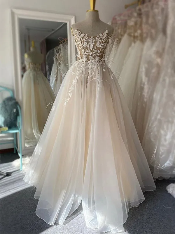 Spaghetti Straps Cream Lace Top Simple A-line Beach Wedding Dress, WD3081