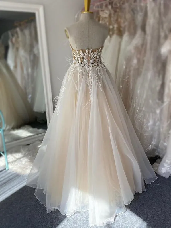 Spaghetti Straps Cream Lace Top Simple A-line Beach Wedding Dress, WD3081