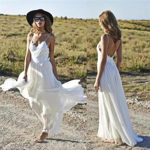 Summer A Line Lace Long Ivory Spaghetti Straps Beach/Coast Wedding Dresses OK269