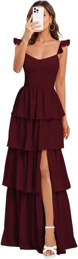 Tiered Chiffon Bridesmaid Dress Ruffle Prom Dresses for Women A Line Formal Evening Gown with Slit