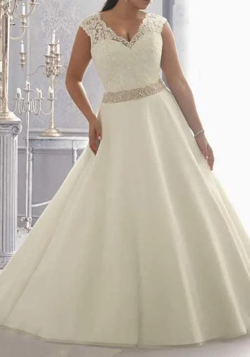 V Neck Ivory Cap Sleeve Beadings  A Line Wedding Dress Lace Plus Size Wedding Dresses