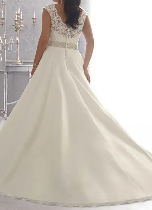 V Neck Ivory Cap Sleeve Beadings  A Line Wedding Dress Lace Plus Size Wedding Dresses
