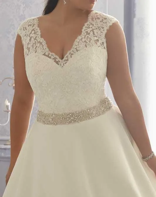 V Neck Ivory Cap Sleeve Beadings  A Line Wedding Dress Lace Plus Size Wedding Dresses