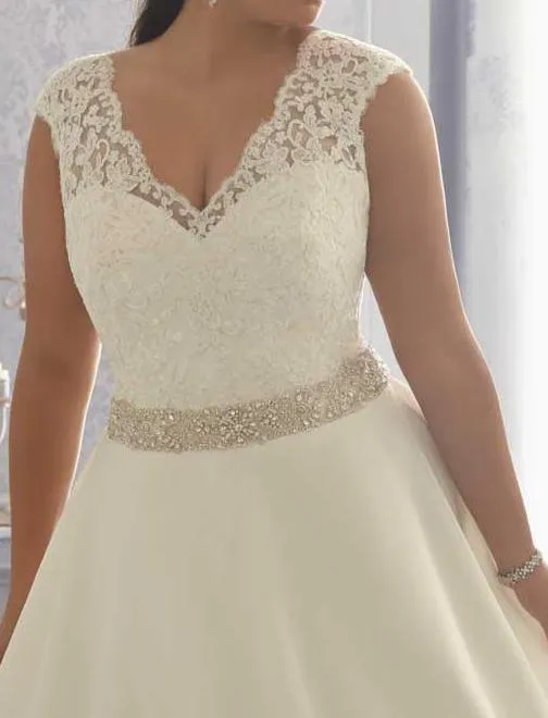 V Neck Ivory Cap Sleeve Beadings  A Line Wedding Dress Lace Plus Size Wedding Dresses