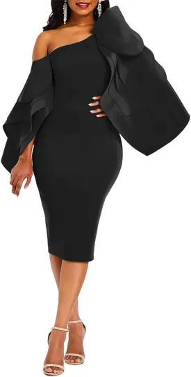 VERWIN Bodycon Dress for Woman Long Sleeve Knee-Length Ruffle Sleeve Off Shoulder Evening Dress