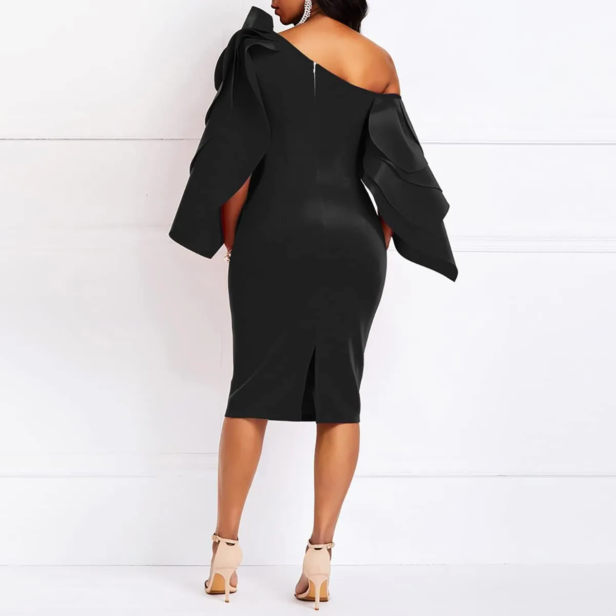VERWIN Bodycon Dress for Woman Long Sleeve Knee-Length Ruffle Sleeve Off Shoulder Evening Dress