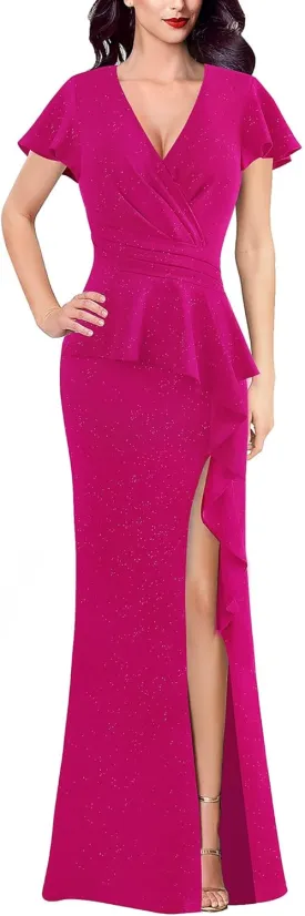 VFSHOW Womens Ruched Wrap V Neck Ruffle Formal Prom Peplum High Slit Maxi Dress 2023 Wedding Guest Cocktail Evening Long Gown