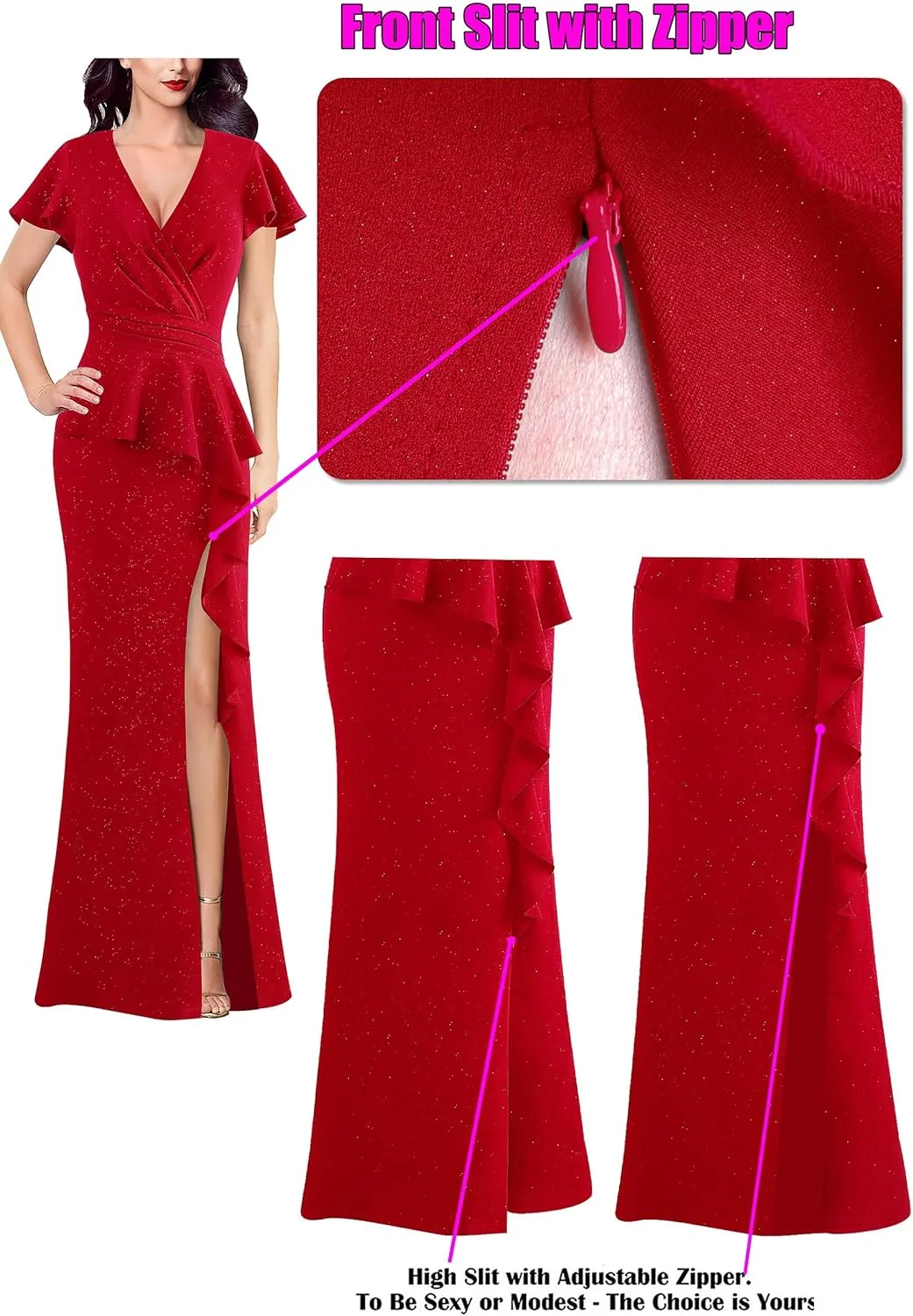 VFSHOW Womens Ruched Wrap V Neck Ruffle Formal Prom Peplum High Slit Maxi Dress 2023 Wedding Guest Cocktail Evening Long Gown