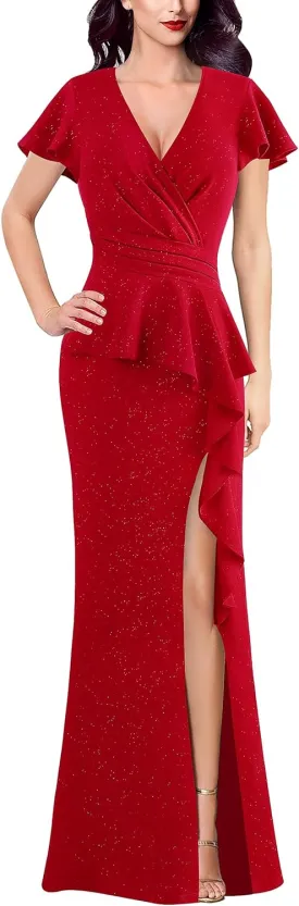 VFSHOW Womens Ruched Wrap V Neck Ruffle Formal Prom Peplum High Slit Maxi Dress 2023 Wedding Guest Cocktail Evening Long Gown