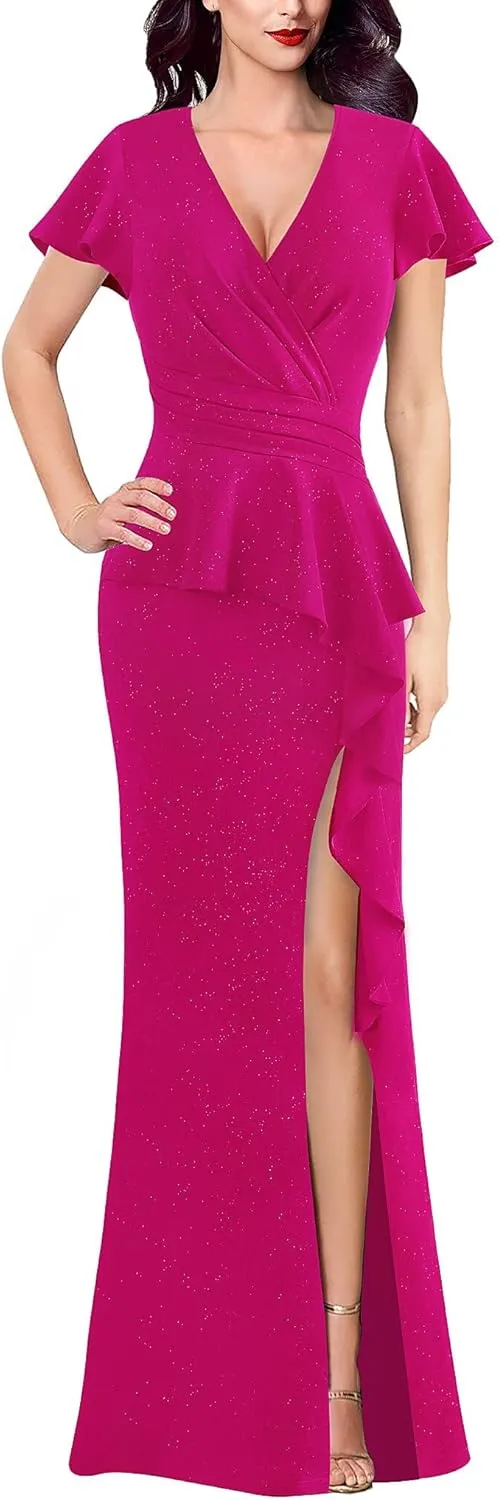 VFSHOW Womens Ruched Wrap V Neck Ruffle Formal Prom Peplum High Slit Maxi Dress 2023 Wedding Guest Cocktail Evening Long Gown