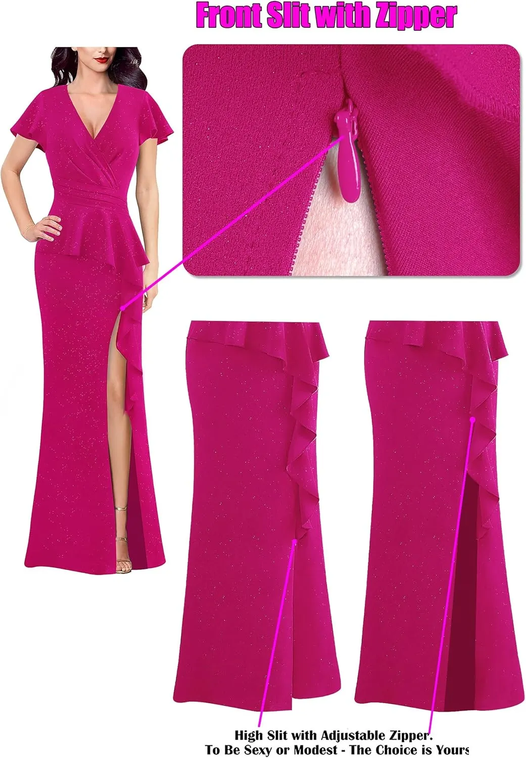 VFSHOW Womens Ruched Wrap V Neck Ruffle Formal Prom Peplum High Slit Maxi Dress 2023 Wedding Guest Cocktail Evening Long Gown