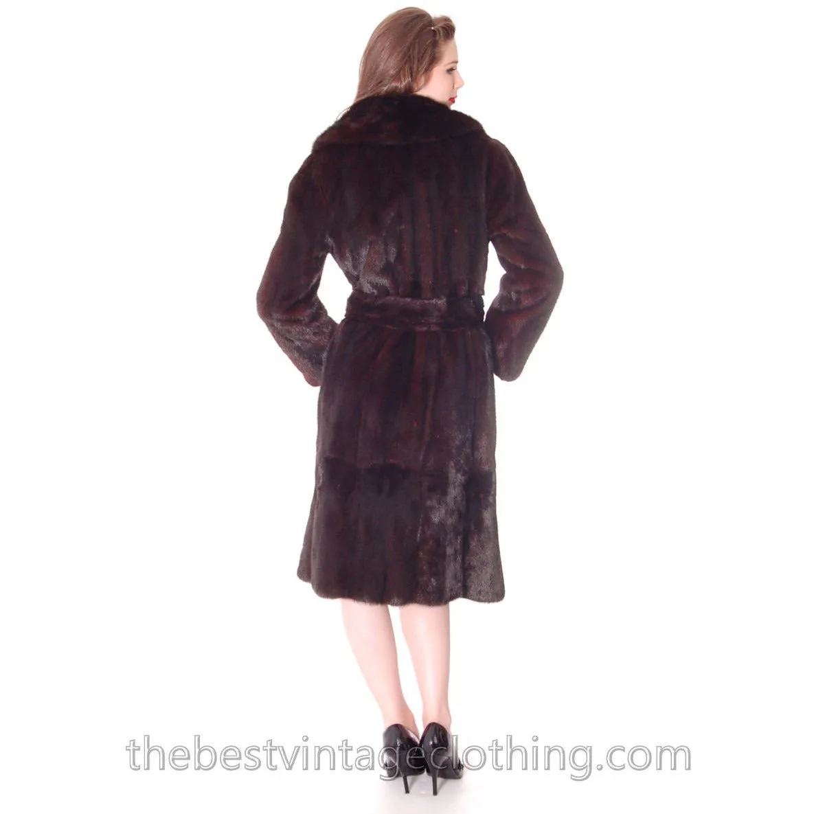 Vintage Black Ranch Mink Belted Trench Coat Christian Dior 1980s Womens Medium
