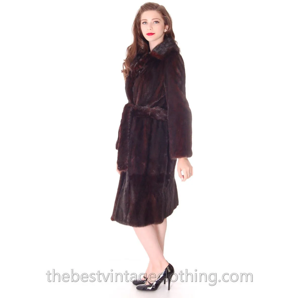 Vintage Black Ranch Mink Belted Trench Coat Christian Dior 1980s Womens Medium