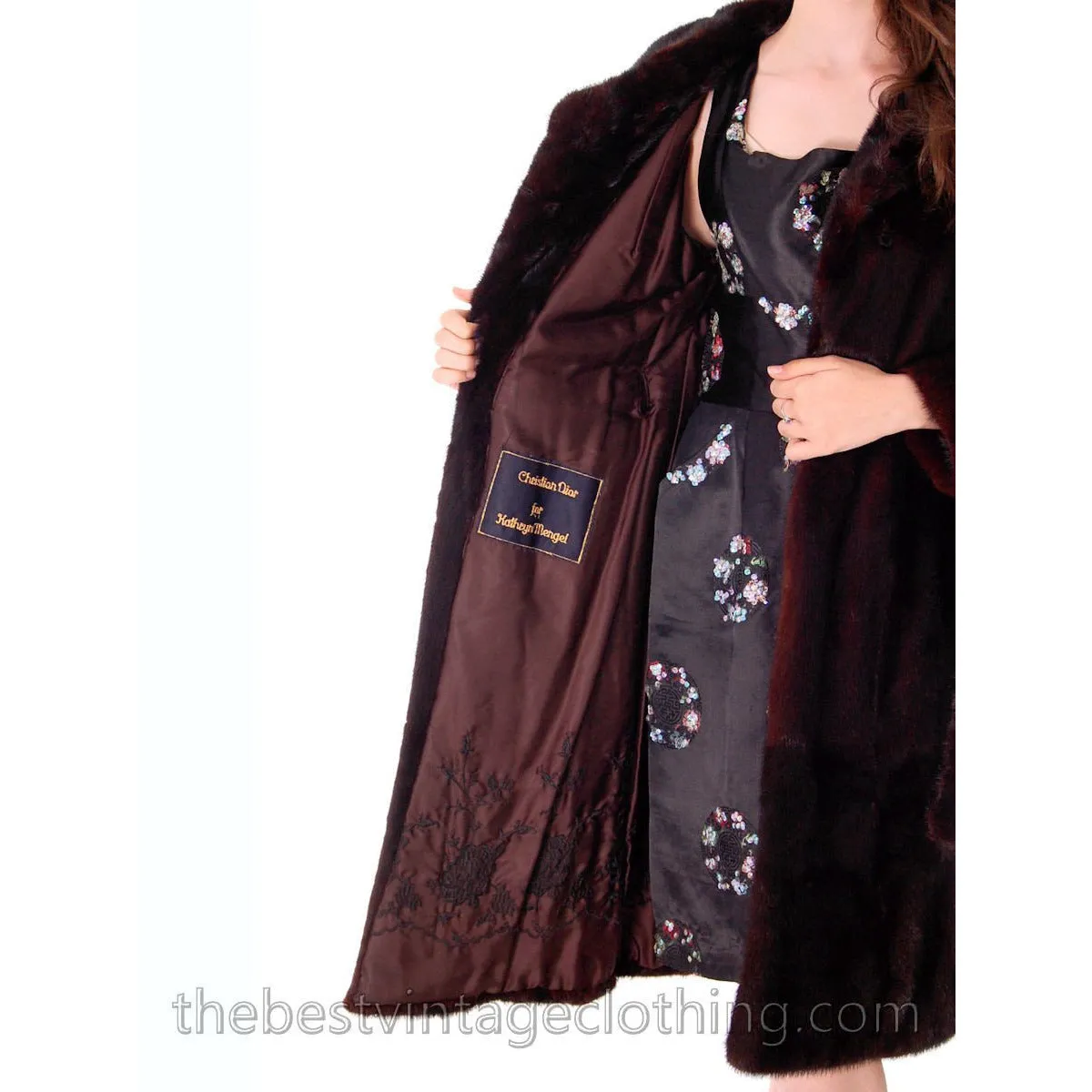 Vintage Black Ranch Mink Belted Trench Coat Christian Dior 1980s Womens Medium