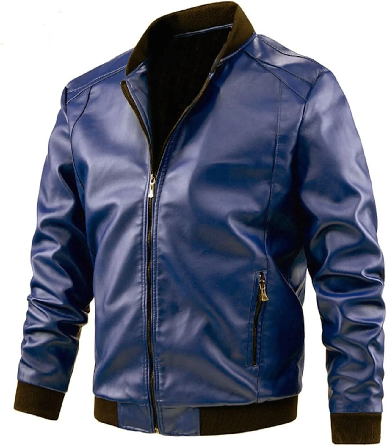 Winter Jackets for Men Loose Solid Color Zip PU Leather Jacket Short Lapel Motorcycle Leather Jacket Coat Leather