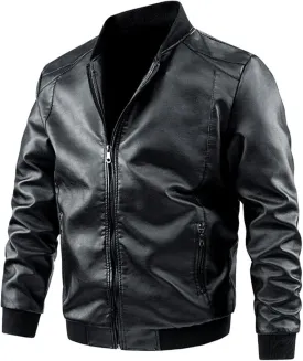Winter Jackets for Men Loose Solid Color Zip PU Leather Jacket Short Lapel Motorcycle Leather Jacket Coat Leather