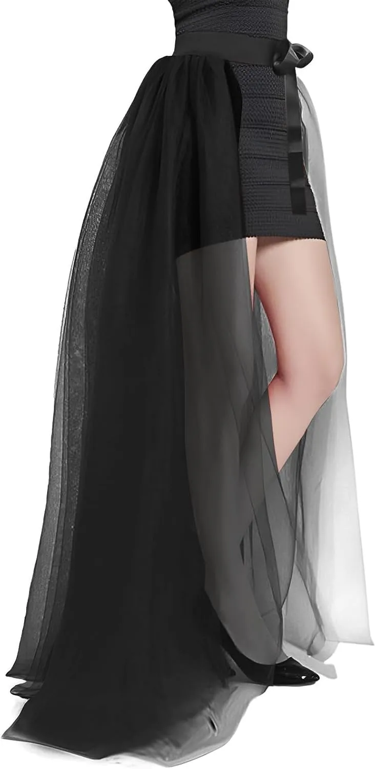Women Long Tulle Tutu Skirts Cocktail Satin Bandage Mesh Overlay Maxi Dress Wedding Prom Party Bride Gown Overskirt