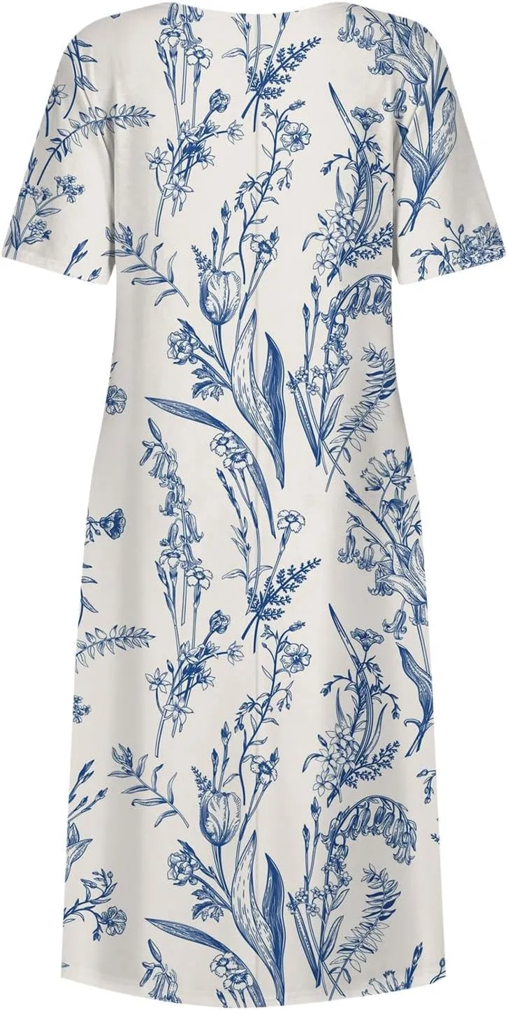 Women Summer Casual Dress Loose A-Line Floral T-Shirt Soft Floral Cotton Dress Short Sleeve Beach Sundress with Pockets