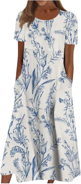 Women Summer Casual Dress Loose A-Line Floral T-Shirt Soft Floral Cotton Dress Short Sleeve Beach Sundress with Pockets