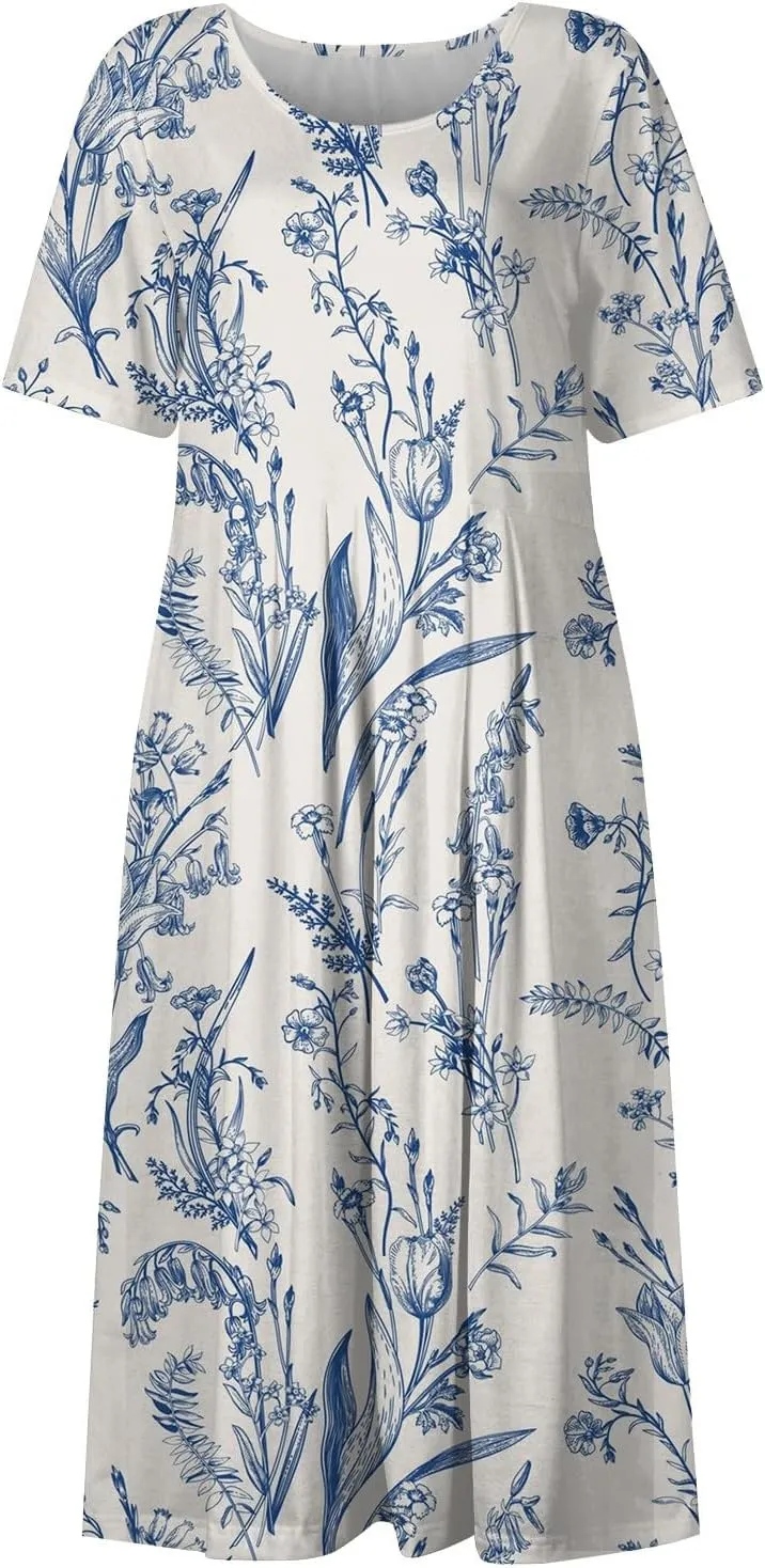 Women Summer Casual Dress Loose A-Line Floral T-Shirt Soft Floral Cotton Dress Short Sleeve Beach Sundress with Pockets