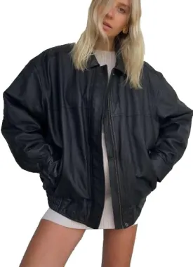 Womens 90s Oversized Vintage Straight Bomber Genuine Leather Moto Jacket