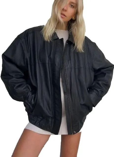 Womens 90s Oversized Vintage Straight Bomber Genuine Leather Moto Jacket