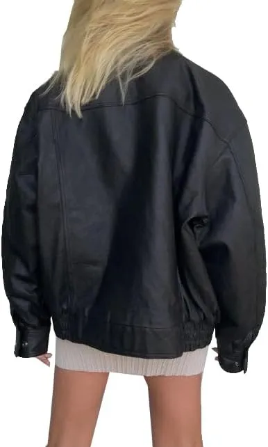 Womens 90s Oversized Vintage Straight Bomber Genuine Leather Moto Jacket