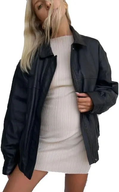 Womens 90s Oversized Vintage Straight Bomber Genuine Leather Moto Jacket