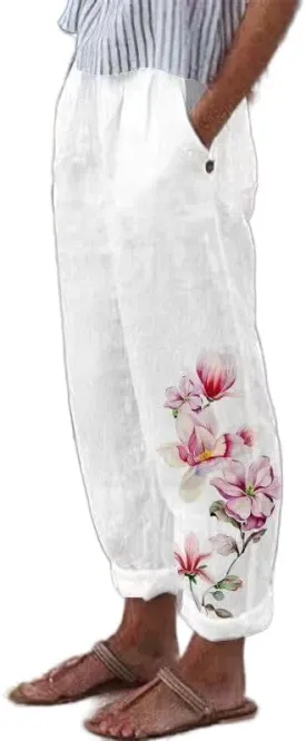 Women's Boho Floral Cotton Linen Casual Loose Pants Summer High Waist Baggy Beach Vacation Trousers with Pockets