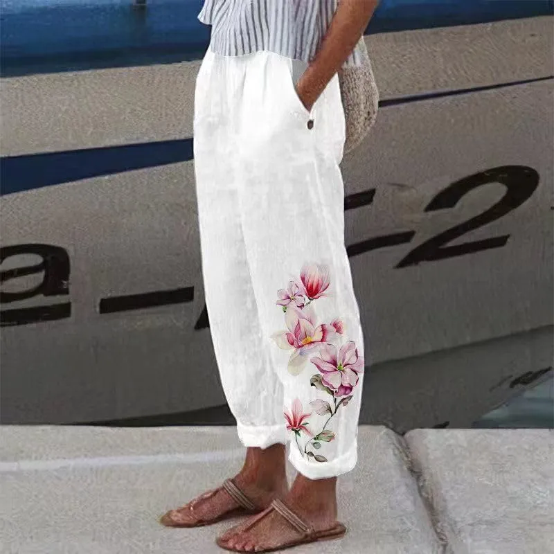 Women's Boho Floral Cotton Linen Casual Loose Pants Summer High Waist Baggy Beach Vacation Trousers with Pockets