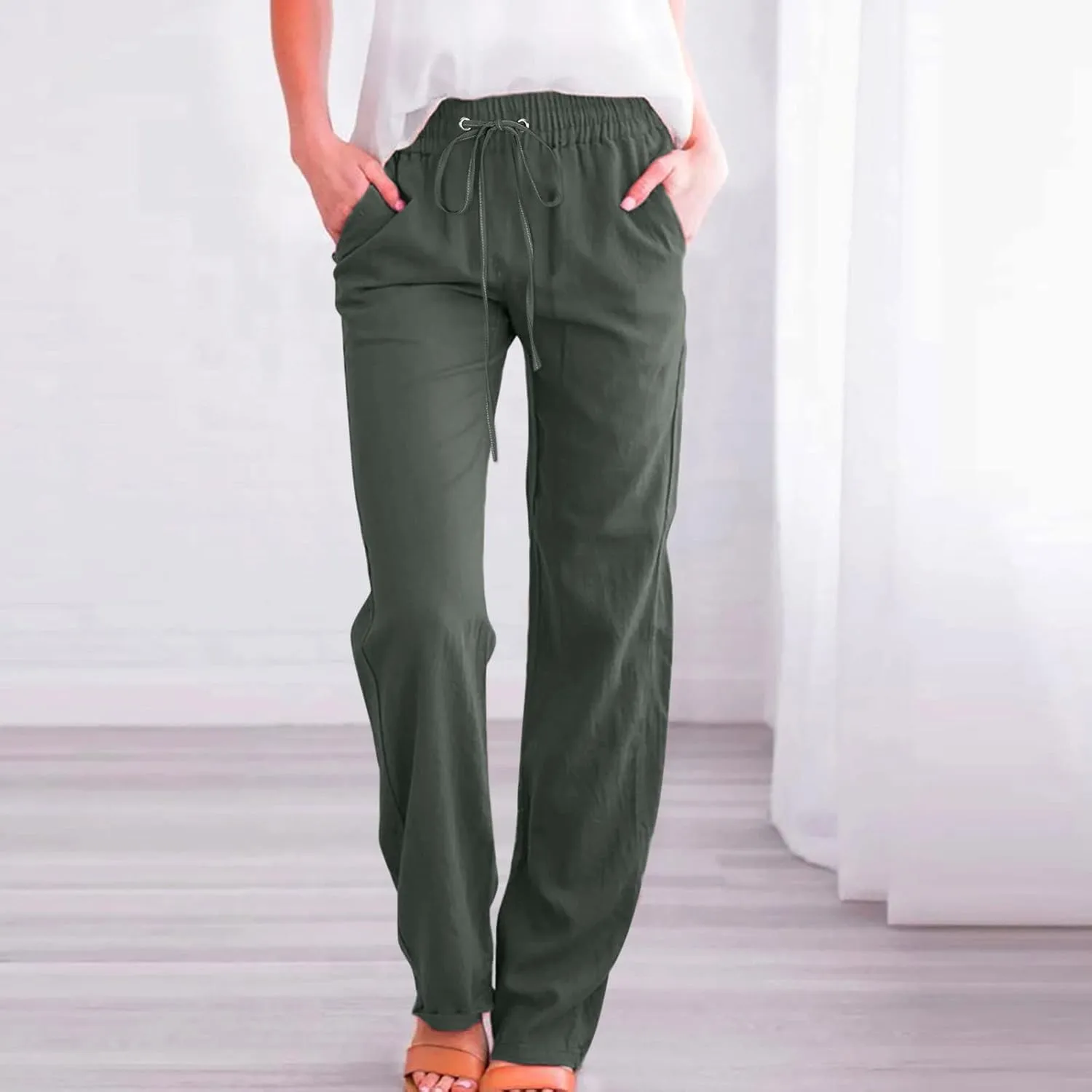 Womens Casual Cotton Linen Pants Lightweight Elastic Waist Pant Summer Fall Lounge Plain Drawstring Trousers, Large