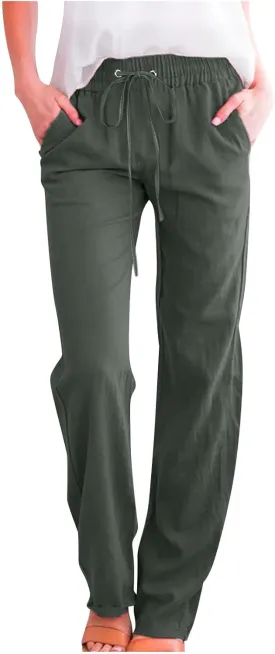 Womens Casual Cotton Linen Pants Lightweight Elastic Waist Pant Summer Fall Lounge Plain Drawstring Trousers, Large