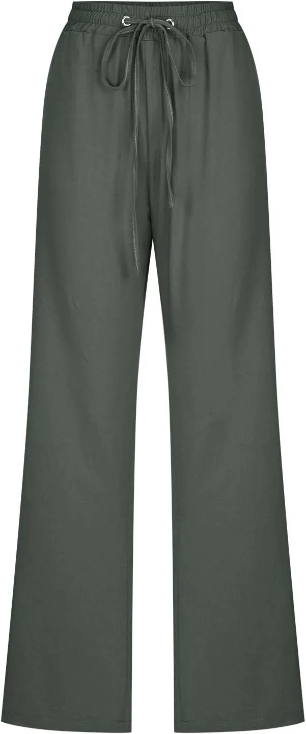Womens Casual Cotton Linen Pants Lightweight Elastic Waist Pant Summer Fall Lounge Plain Drawstring Trousers, Large