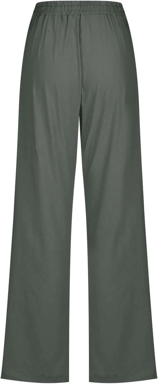 Womens Casual Cotton Linen Pants Lightweight Elastic Waist Pant Summer Fall Lounge Plain Drawstring Trousers, Large