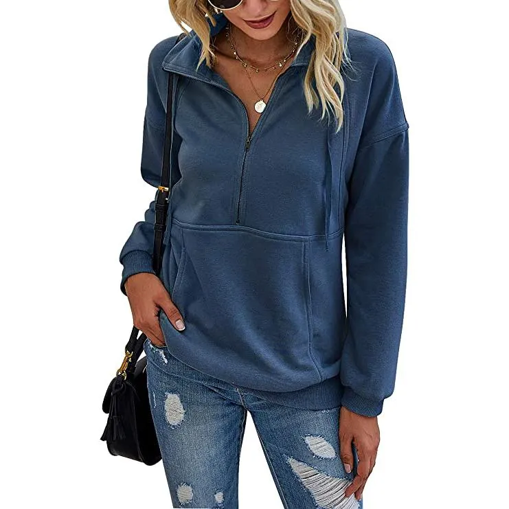 Women's Casual Long Sleeve Lapel Zipper Drawstring Loose Pullover Tops